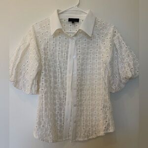 Gracia White Eyelet Button Down Puff Sleeve Shirt